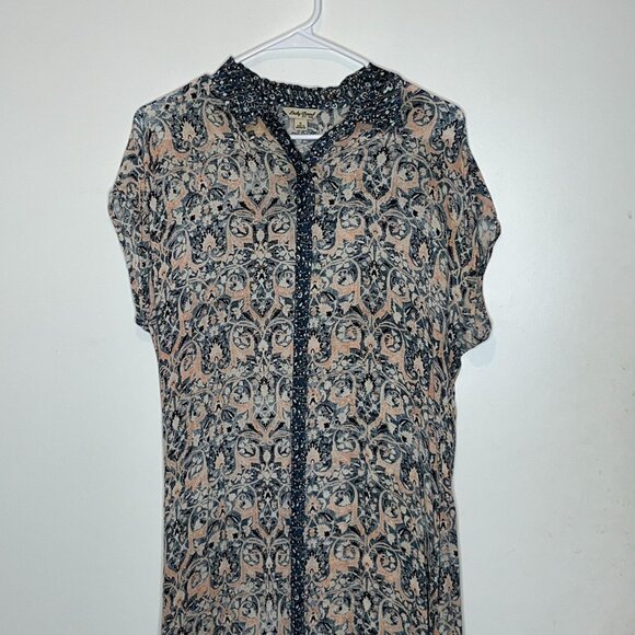Lucky Brand S Blue & Peach Floral Paisley Midi Dress Short Sleeve Button Front - Picture 3 of 9
